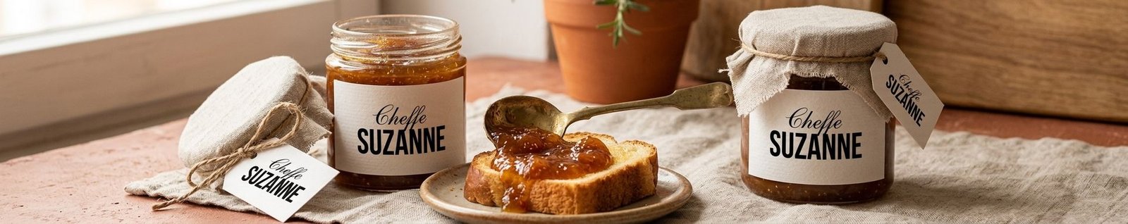 Confitures artisanales en pot avec tartine et cuillère