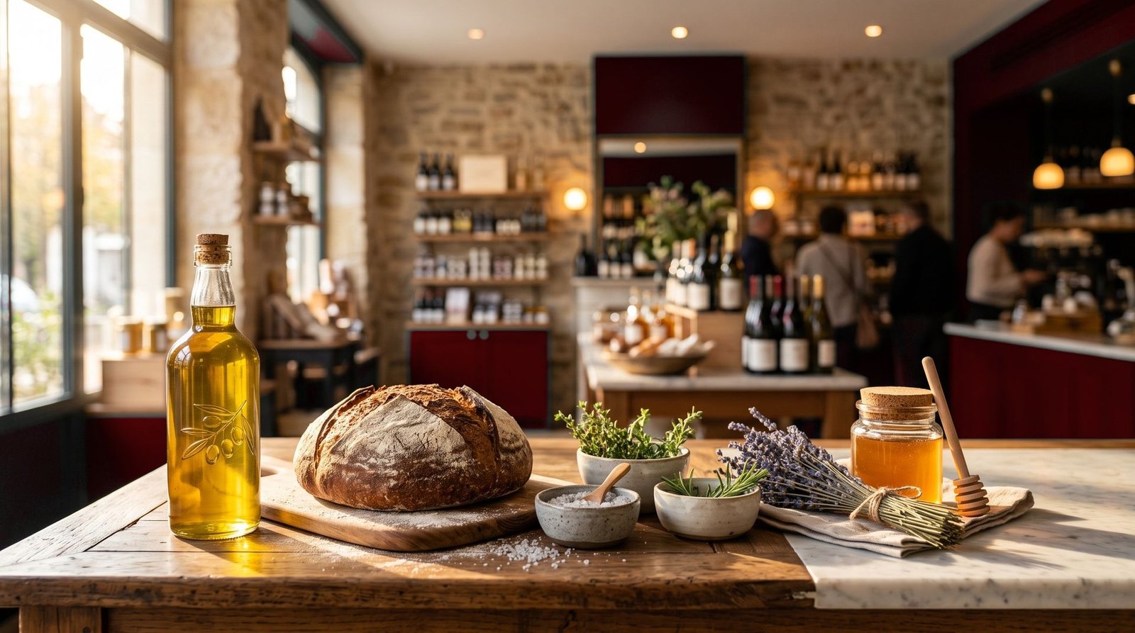 Intérieur de l'épicerie fine Cheffe Suzanne à Oran, pain et huile d'olive sur le comptoir